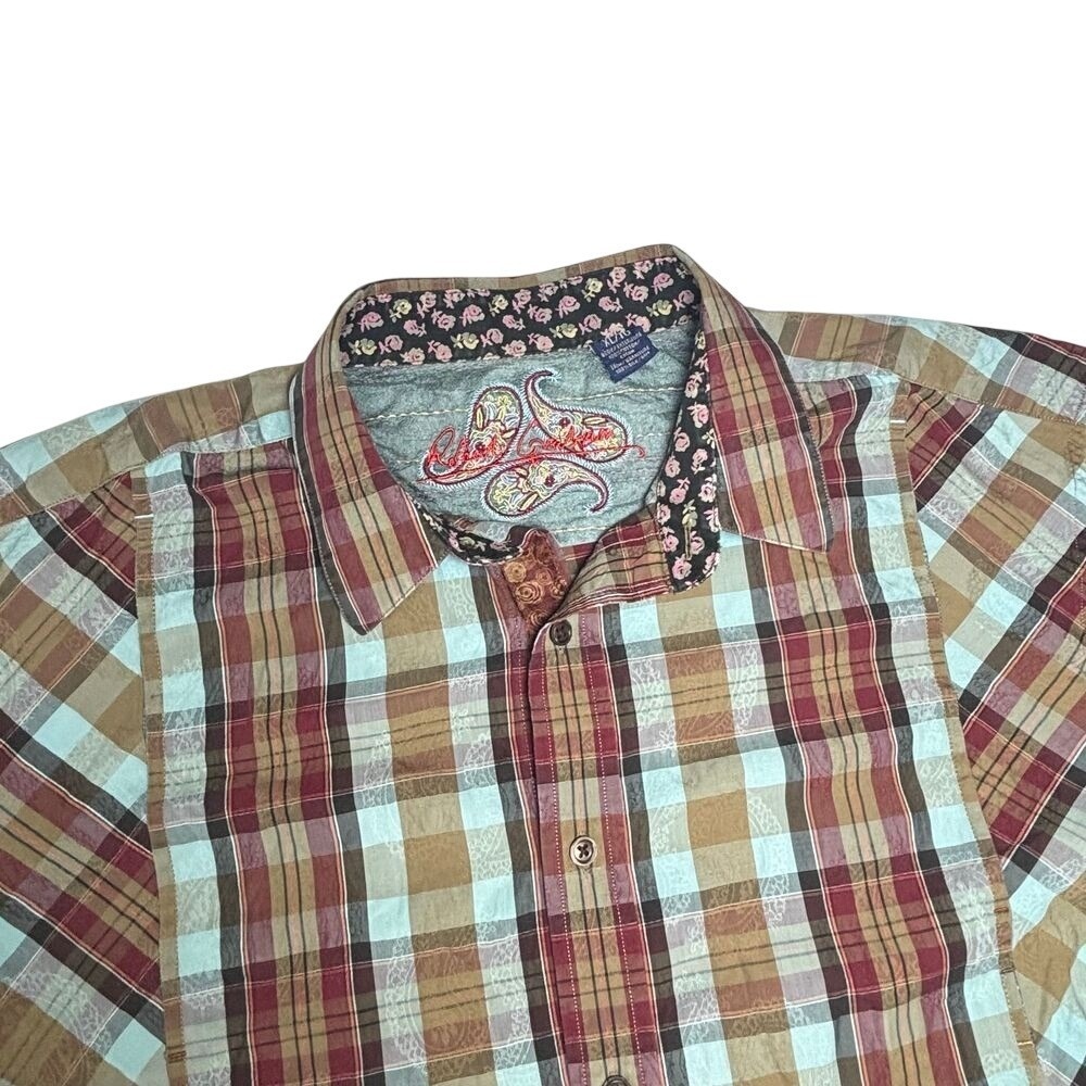 Robert Graham Button Up Shirt XL Plaid Blue Brown Floral Cuffs Western Grunge